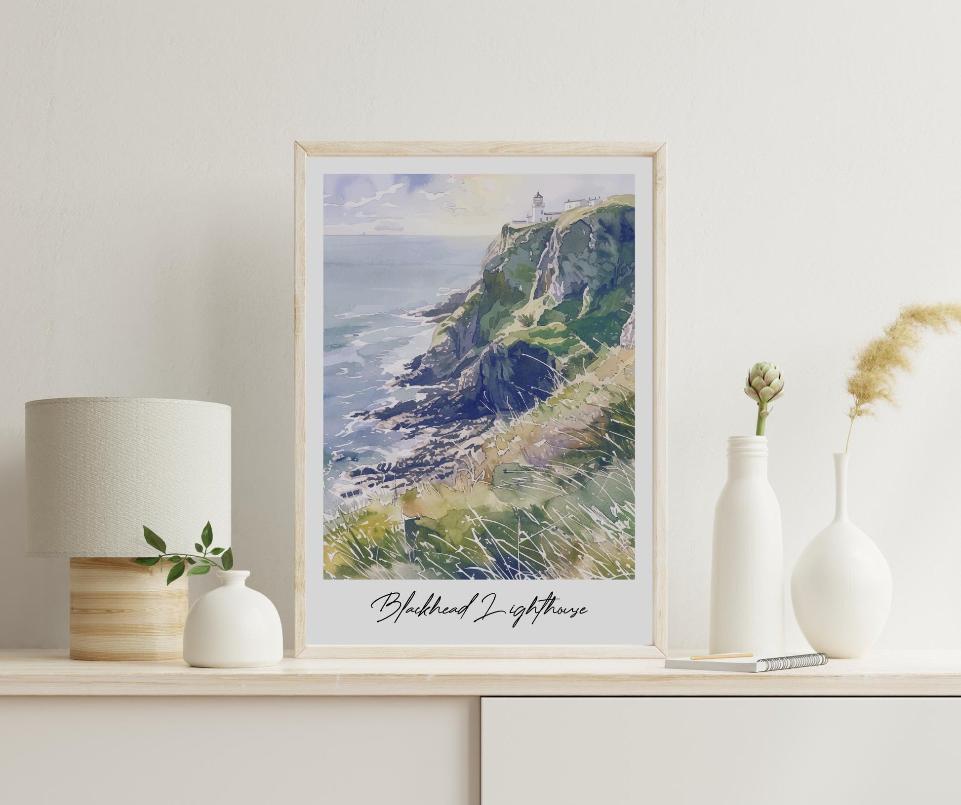 Blackhead Lighthouse Whitehead Travel Print, Frameless, Wall Art, Northern Ireland